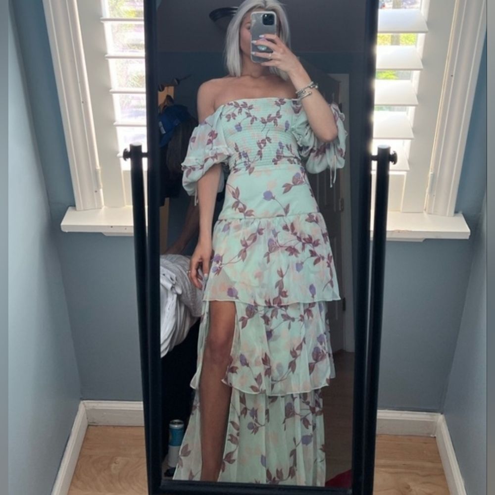 Amanda Uprichard X Revolve Off-Shoulder Mint Floral Tiered Maxi Dress Small